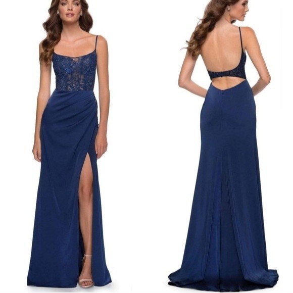 La Femme Dresses & Skirts - La Femme 29888 Scoop Laced A-Line Satin Embellished Evening Gown Navy Blue 4 NWT